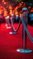 Red carpet event with elegant stanchions and soft glowing lights in the background during an evening celebration photo