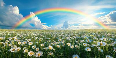 Colorful rainbow arches over a blooming daisy field under a bright blue sky with fluffy clouds photo