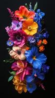 Bright and colorful floral arrangement showcasing a variety of flowers against a dark background photo