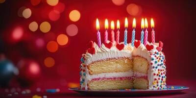 Delicious birthday cake with candles and colorful decorations set against a festive backdrop photo
