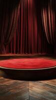 Red velvet stage in a theater setting, ready for a performance at night with dramatic lighting photo