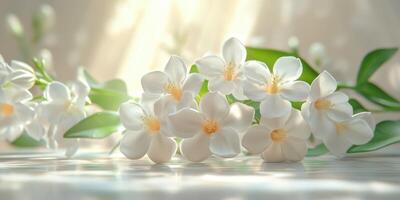 Beautiful white blossoms arranged elegantly on a smooth surface in soft lighting photo