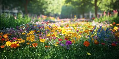 vistoso flor jardín en lleno floración con vibrante pétalos debajo luz de sol en un sereno parque ajuste foto