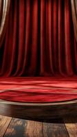 Red velvet stage set for a performance in a theater with luxurious curtains and spotlight anticipation photo