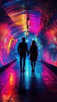 Couple holding hands in a colorful illuminated tunnel during a rainy evening photo