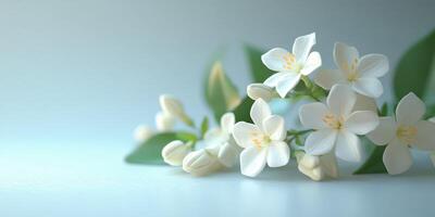 Beautiful white jasmine flowers arranged elegantly on a soft blue background in natural light photo