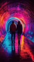 Romantic couple walks hand in hand through illuminated tunnel at night near city center photo