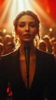 Performance by a talented singer on stage with dramatic lighting in a lively venue at night photo