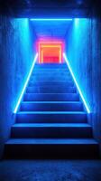 Vivid neon lights illuminate a staircase leading to an enchanting doorway photo