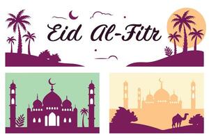 Beautiful Eid al-Fitr greeting with multiple colorful mosque landscapes, palm trees, crescent moon, and elegant Arabic typography vector