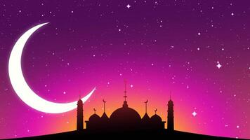 A vibrant magenta-hued sky with a crescent moon and mosque silhouettes, creating a bold and modern take on Islamic night themes video
