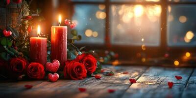 Decorative candles and red roses create a romantic atmosphere by the window during sunset photo