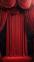 Rich red velvet curtains create an elegant backdrop for a theatrical performance in a dramatic setting photo