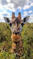 Giraffe curiously gazes at the camera in a lush green savanna under a bright blue sky photo