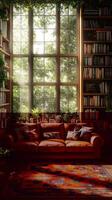 Cozy reading nook in a sunlit room with a view of lush greenery and a curated bookshelf photo