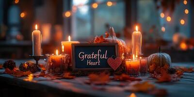 Decorative autumn table setting featuring candles, pumpkins, and a grateful heart sign during an evening gathering photo