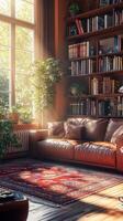 Cozy living room with sunlight streaming through window and plants in a natural setting photo