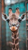 Giraffe gazes curiously through bars in a wildlife reserve during the late afternoon photo