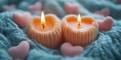 Warm heart-shaped candles on cozy knitted fabric with pink hearts for a romantic ambiance photo