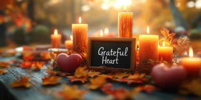 Grateful heart display with candles, leaves, and heartfelt decorations during autumn photo