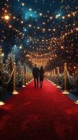 Romantic evening stroll under twinkling lights on a festive red carpet pathway photo