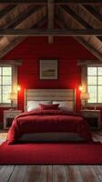 Cozy rustic bedroom with red accents and wooden beams in a serene cabin setting photo