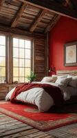 Cozy rustic bedroom with red walls, natural light, and warm decor in a wooden cabin setting photo