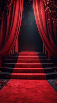 Elegant red carpet entrance with velvet curtains and flower petals creating a dramatic atmosphere for an event photo
