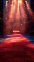 Red carpet lined with lights and sparkling dust sets the stage for a glamorous event in an elegant venue photo