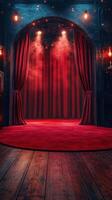 Red curtains create a dramatic entrance to a theater stage with soft lighting and a circular carpet in a vintage setting photo