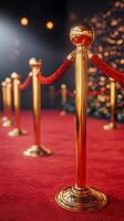 Luxurious red carpet event with golden stanchions and glamorous background lights photo