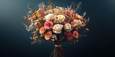 Colorful dried flower bouquet displayed against a dark background in a creative arrangement showcasing autumn hues and textures photo