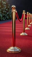 Luxurious red carpet pathway lined with golden stanchions and red ropes at an outdoor event during sunset in a garden setting photo