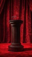Elegant wooden podium with microphone set against vibrant red curtains in a formal setting photo