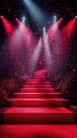 Bright red stairway illuminated by vivid lights creates a dramatic atmosphere for an event or performance photo