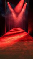 Red carpet runway illuminated by dramatic lighting in a dimly lit venue for fashion event photo