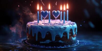 Delicious birthday cake adorned with glowing candles in a festive setting during nighttime celebration photo