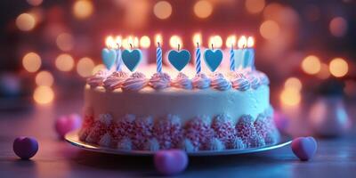 Colorful birthday cake with heart-shaped candles glowing at a festive celebration in a cozy setting photo