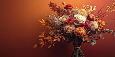 Beautiful bouquet of autumn flowers in warm orange tones against a textured background photo