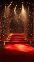 Beautiful stage setup with sparkling lights and red carpet during an evening event at a grand venue photo