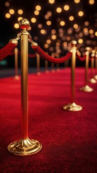 Red carpet lined with golden stanchions and elegant ropes at a glamorous event during the night photo