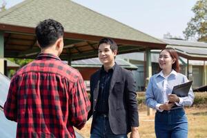 Community engagement. Discussing sustainable practices in an outdoor setting. photo