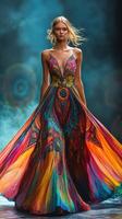Fashion model showcases vibrant dress with intricate designs on runway during evening show photo