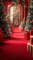 Decorative holiday corridor lined with trees and presents in a festive setting photo
