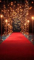 Elegant red carpet pathway illuminated by glowing lights creates a captivating atmosphere for a special event photo