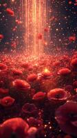 Bright red poppies bloom in a shimmering field illuminated by glowing lights during a magical twilight hour photo