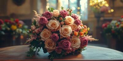 Beautiful bouquet of mixed roses in soft colors arranged on a wooden table in a softly lit floral shop photo