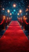 Glowing pathway lined with golden lamps and a red carpet under a starry night sky in a magical setting photo