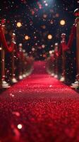 Elegant red carpet pathway leads to glamorous event venue with sparkling lights and festive atmosphere photo