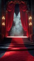 Elegant red curtain stage with spotlight and smoke at a theatrical performance location photo
